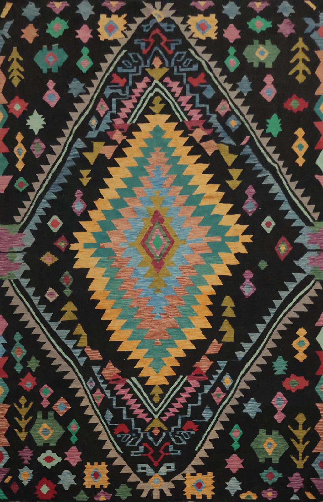 Black Geometric Kilim Area Rug 8×12 Hand-woven Turkish for a Vibrant Home Decor