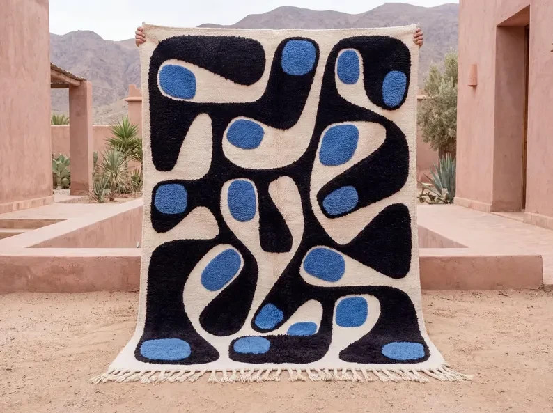 Blue Black Moroccan Rug – Handmade High Pile Wool Shag Rug with Abstract Graphic