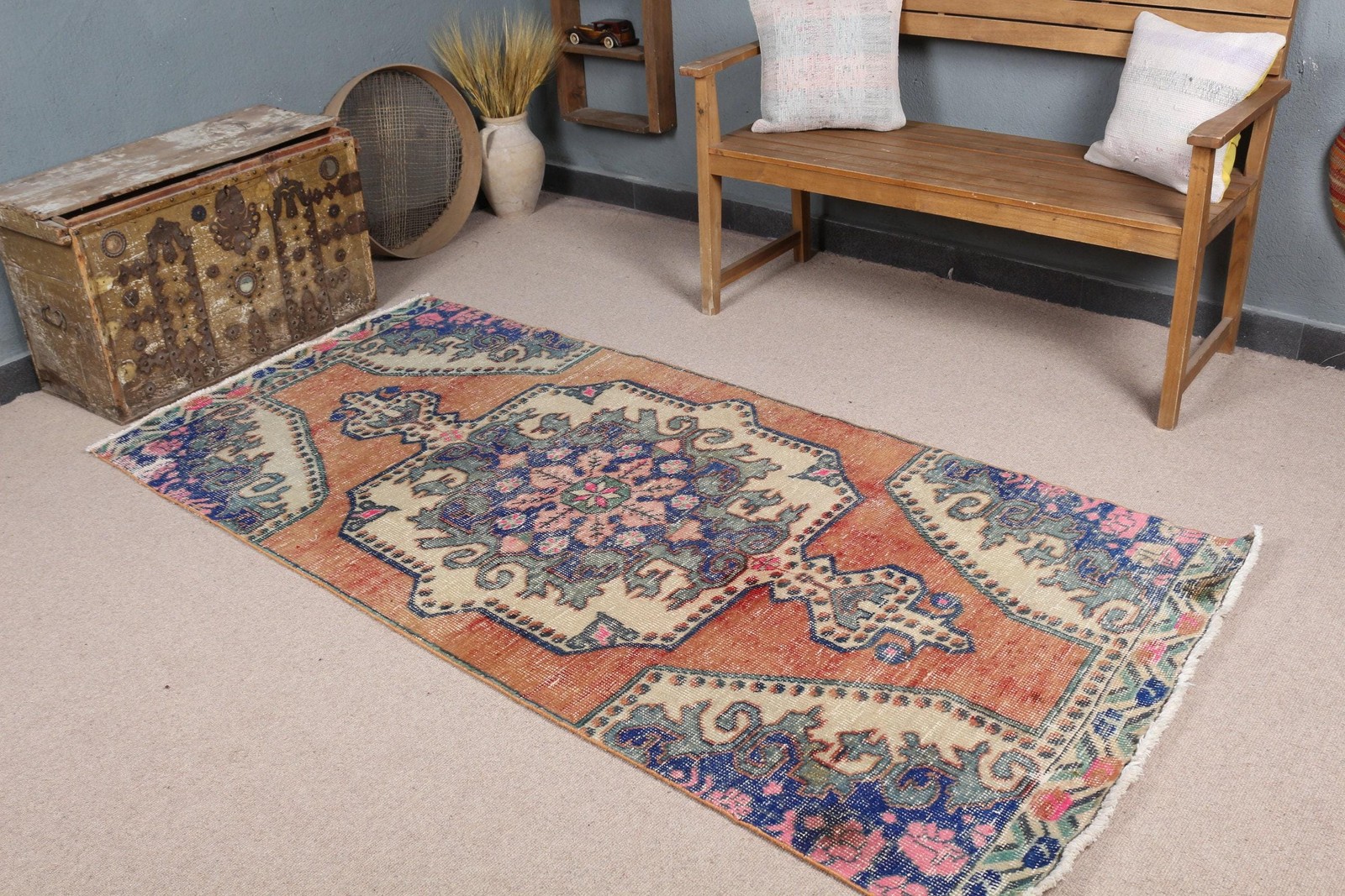 Turkish Vintage Area Rug 3,5×7,4 ft, Red Wool Rug
