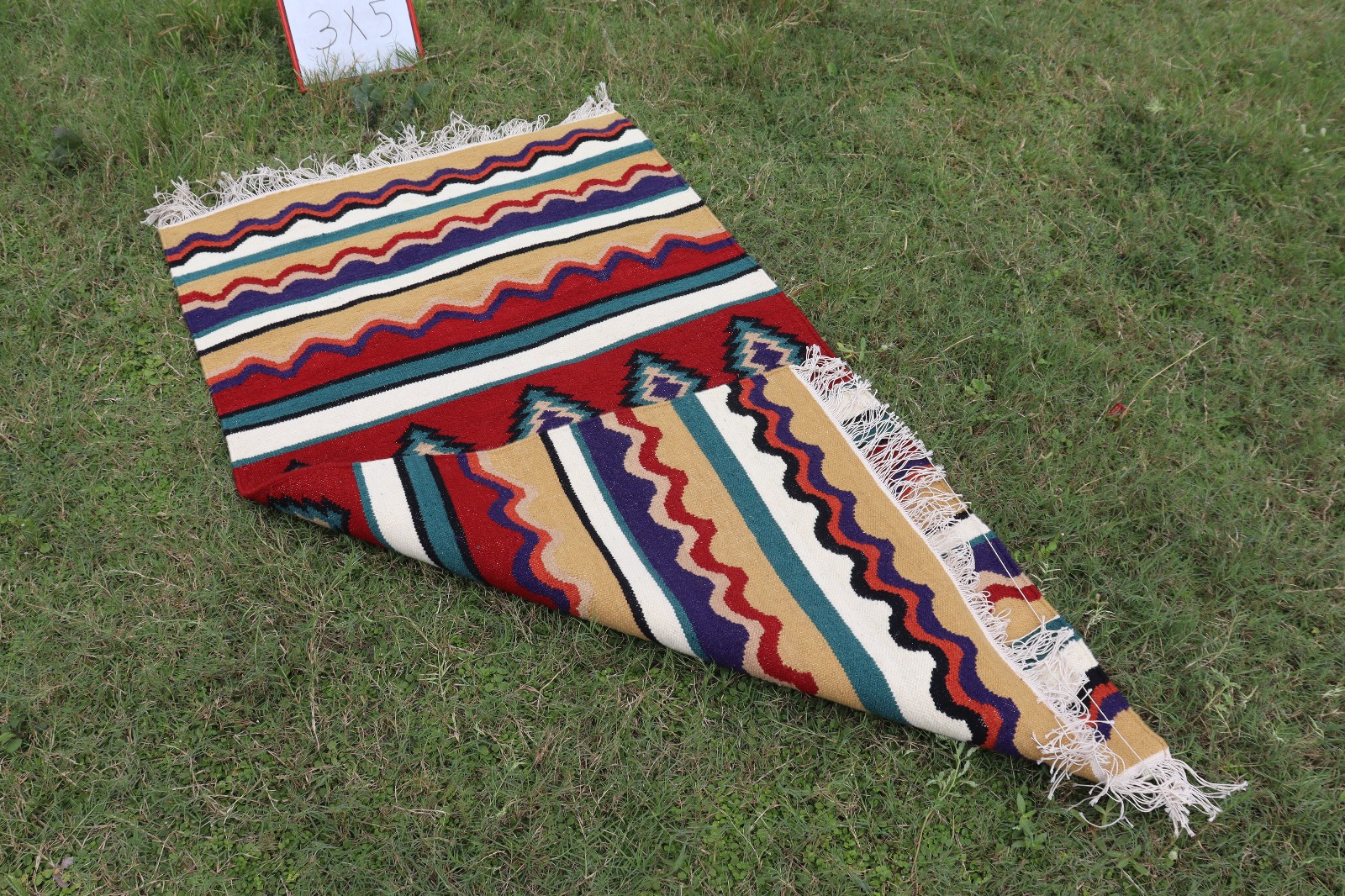 Handwoven Serape Kilim Rug 3×5 Multicolor Striped Southwestern Wool Flatweave