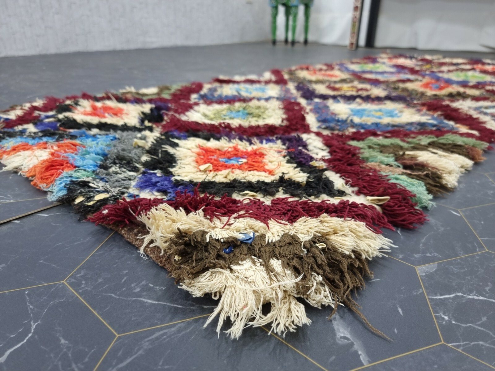 Moroccan Handmade Vintage Rug 2’6″x6’8″ Berber Geometric White Blue Cotton Rug