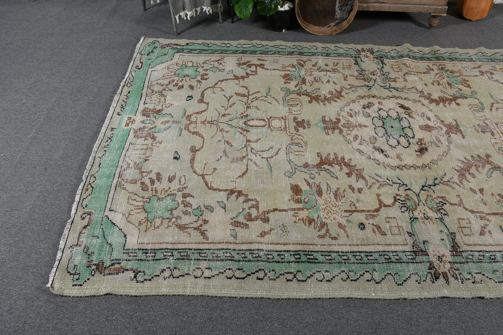5,6×9,2 ft Rug, Turkish Vintage Rug, Green Brown Moroccan Wool Rug
