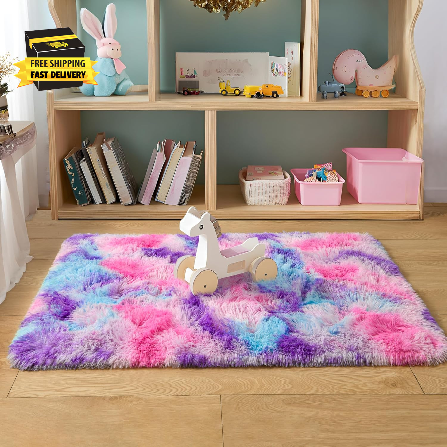 Soft Rainbow Rug for Girls Room, Cute Fluffy Girls Bedroom Rugs, 2X3 Feet Shaggy