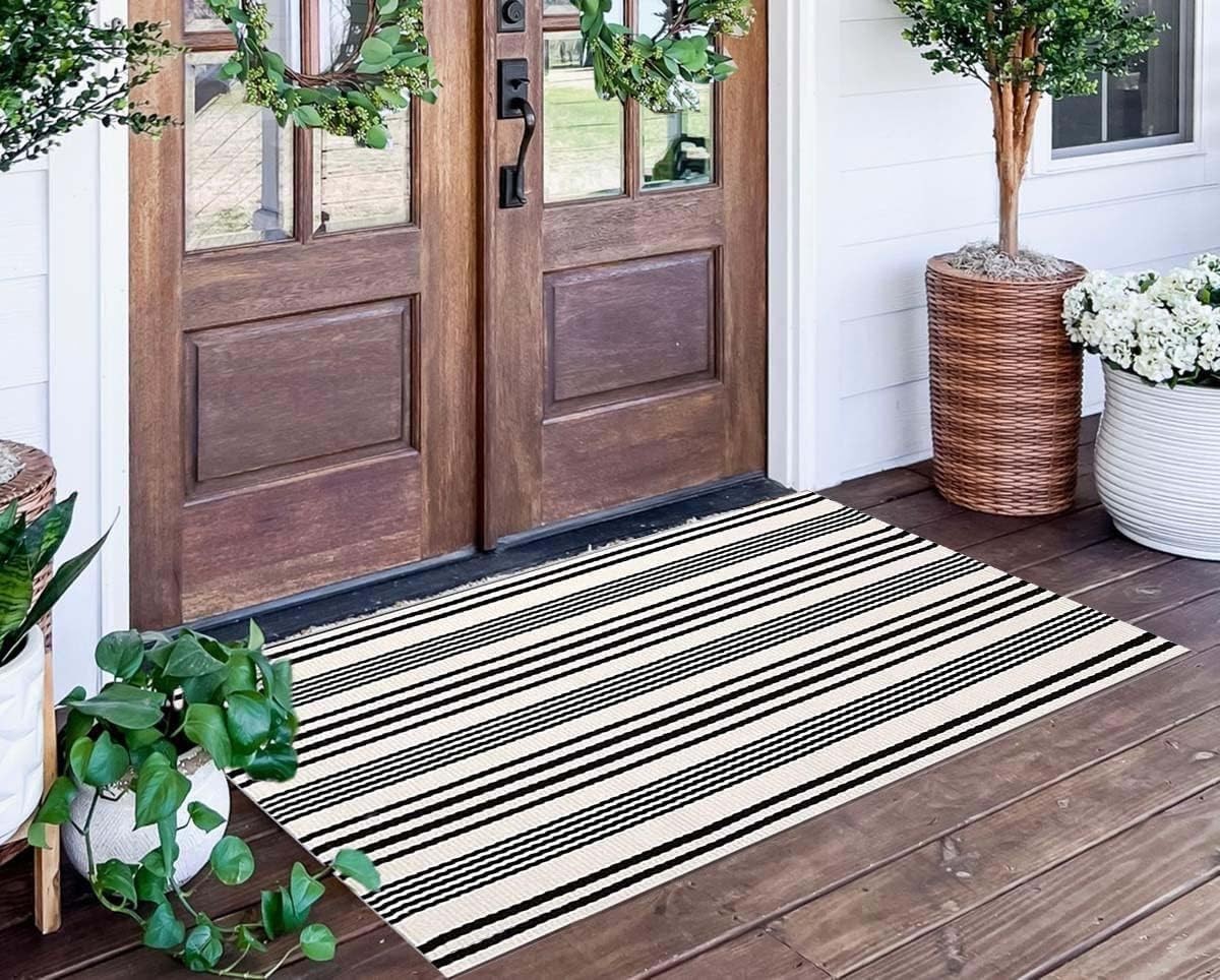 Black and White Striped Outdoor Rug 24” x 51”Farmhouse Front Porch Mat