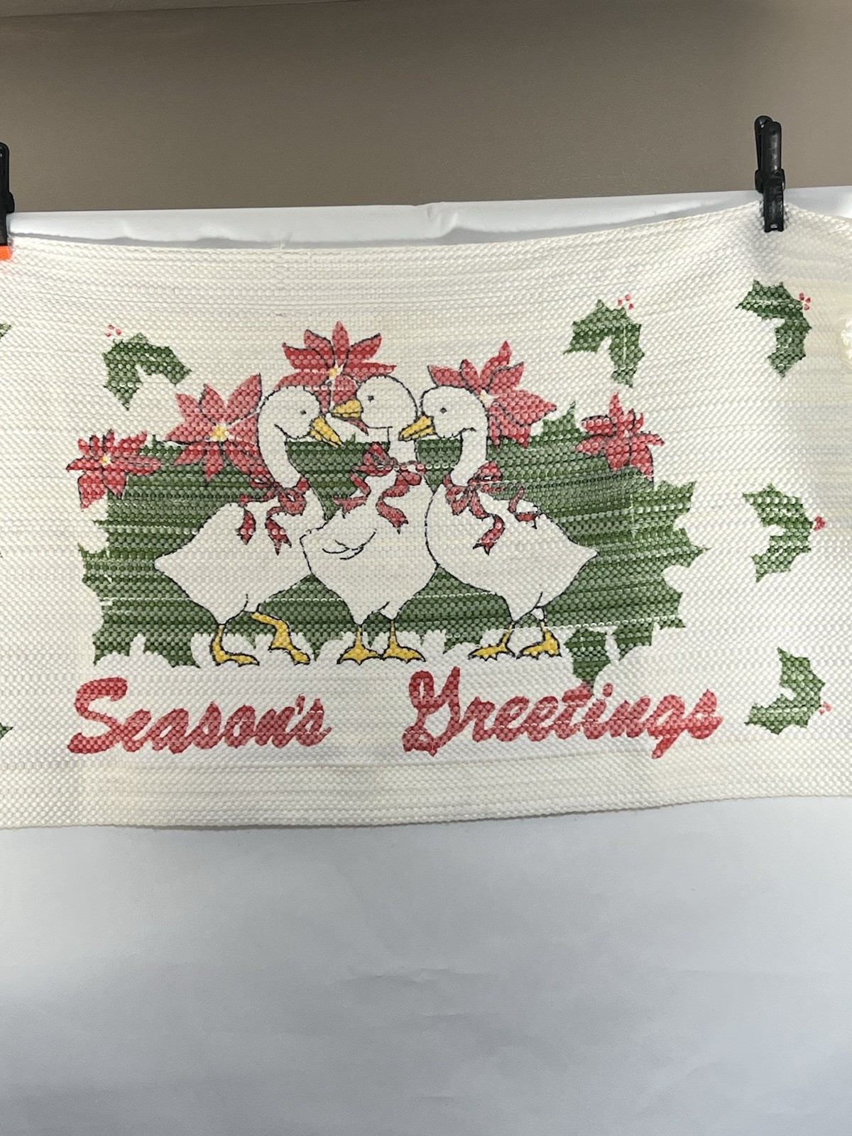 Christmas 90s Woven Rug “concrete” Duck ~ Season’s Greetings- Holiday 41”x23”