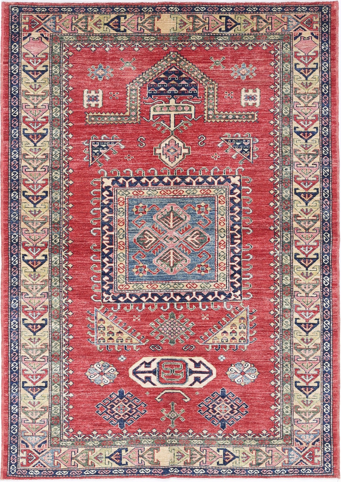 4.8×7 ft Hand Knotted Red, Navy Blue, Ivory Rug. Geometric Tribal Pattern Carpet