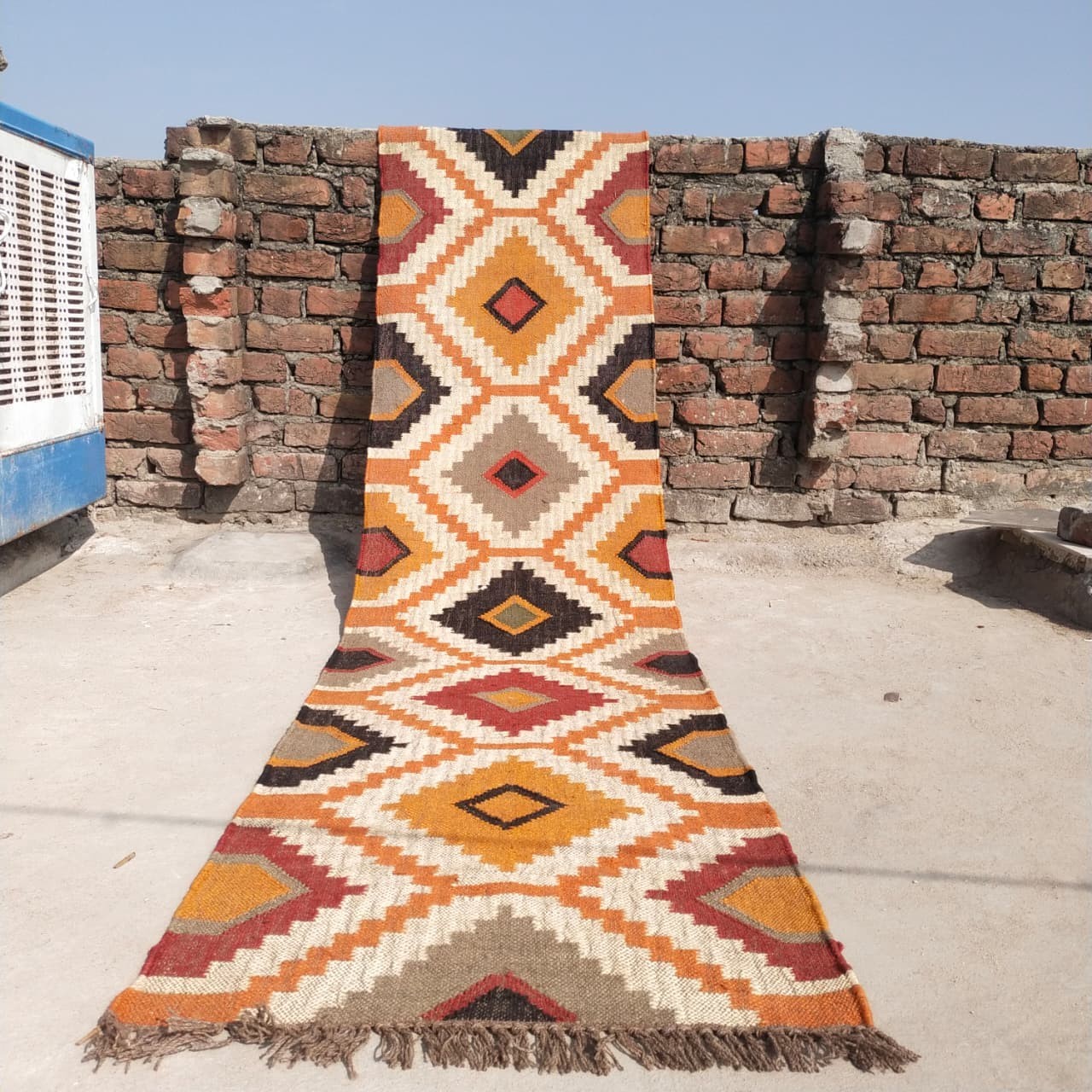 Handmade Wool Jute Kilim Runner Rug: Multi Color Bohemian Stair Rug