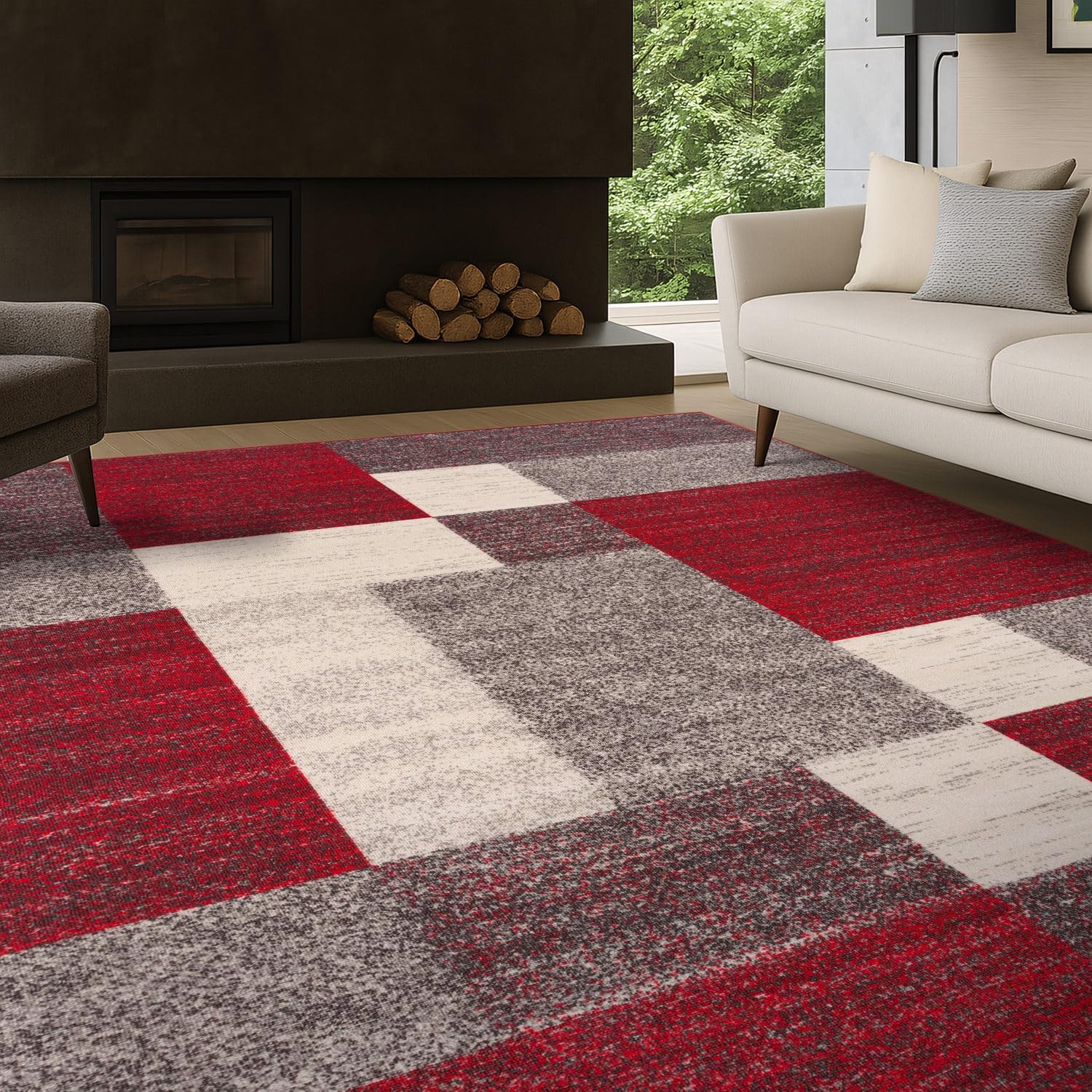 Modern Boxes Design Non-Slip (Non-Skid) Area Rug 5 X 7 (5′ 3 X 7′ 3) Red