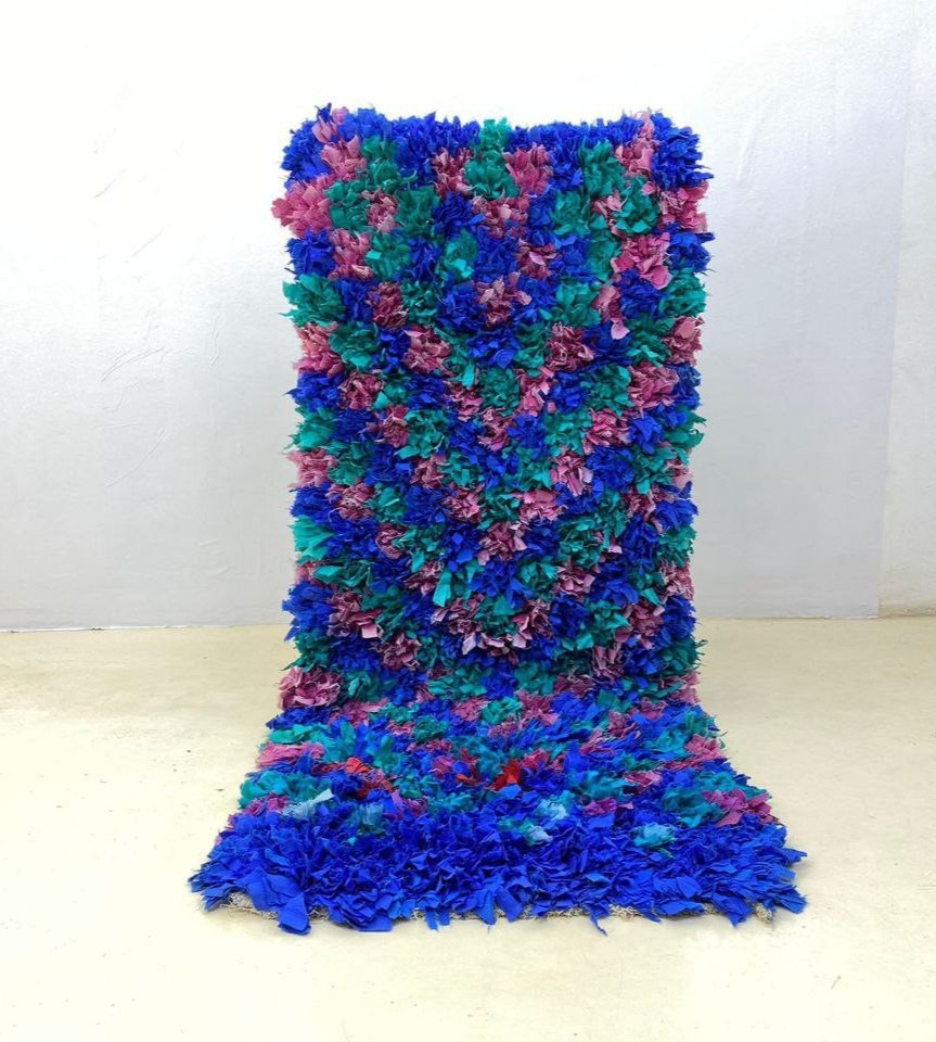 Moroccan Rug Handmade Boucherouite 2’6×6’1 ft Vintage Berber Blue Pink Home Rug