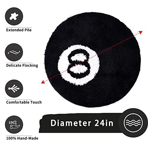 “24-Inch Black Round 8 Ball Rug – Non-Slip Billiard Carpet for Living Room & Bed
