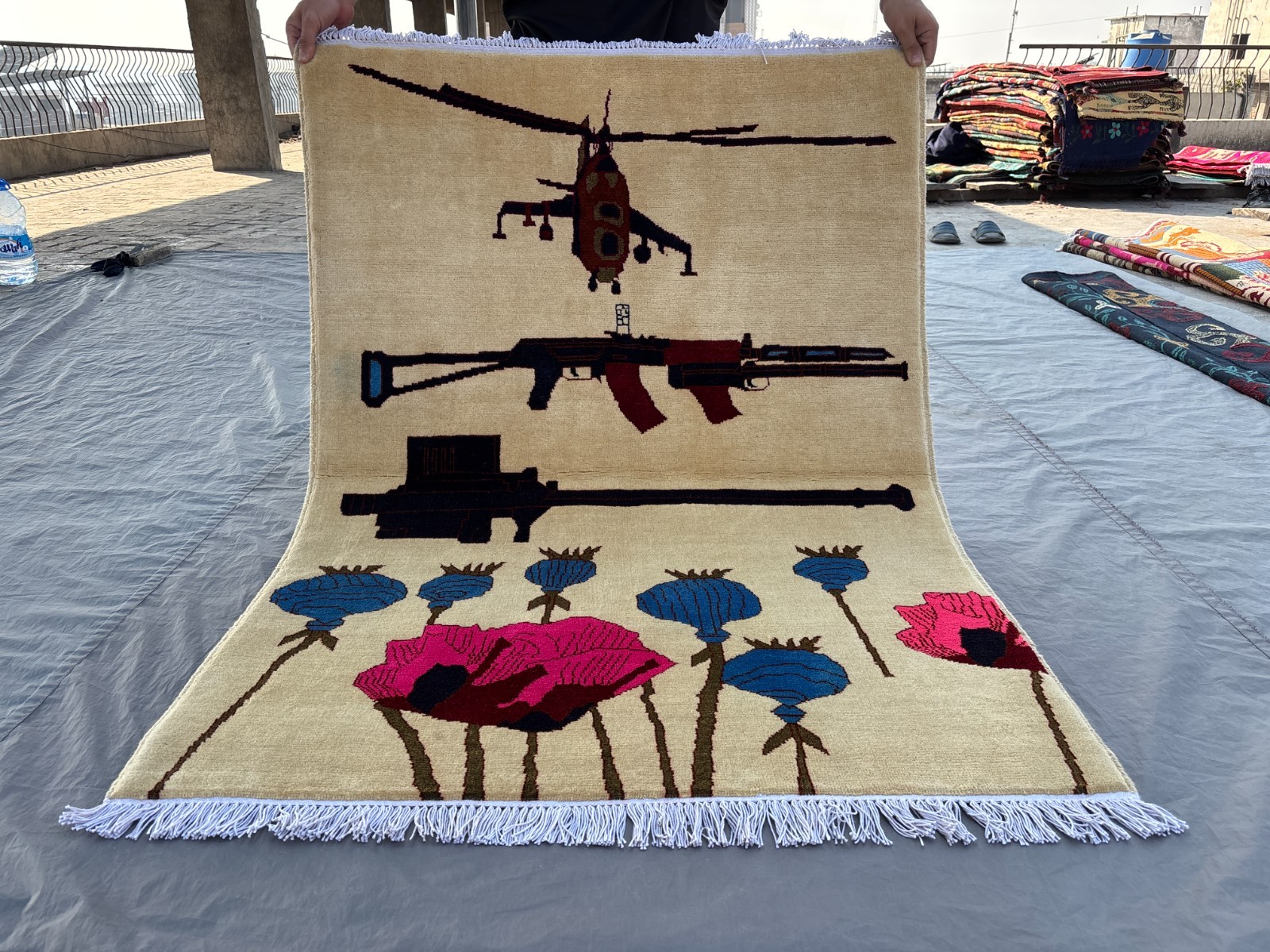 Afghan Hand-Knotted Oushak War Rug – Military Floral Tribal Nomadic Art Rug