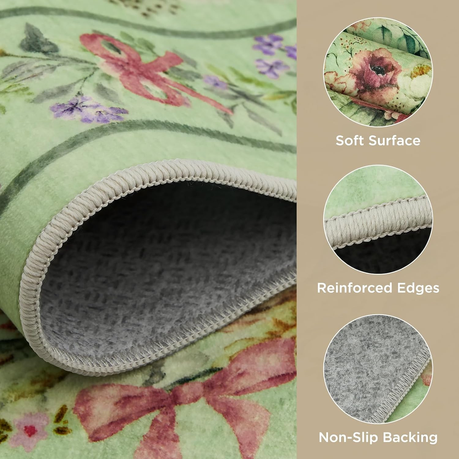 Bow Floral 9X12 Rugs for Bedroom Living Room, Large Sage Green Washable Area Rug