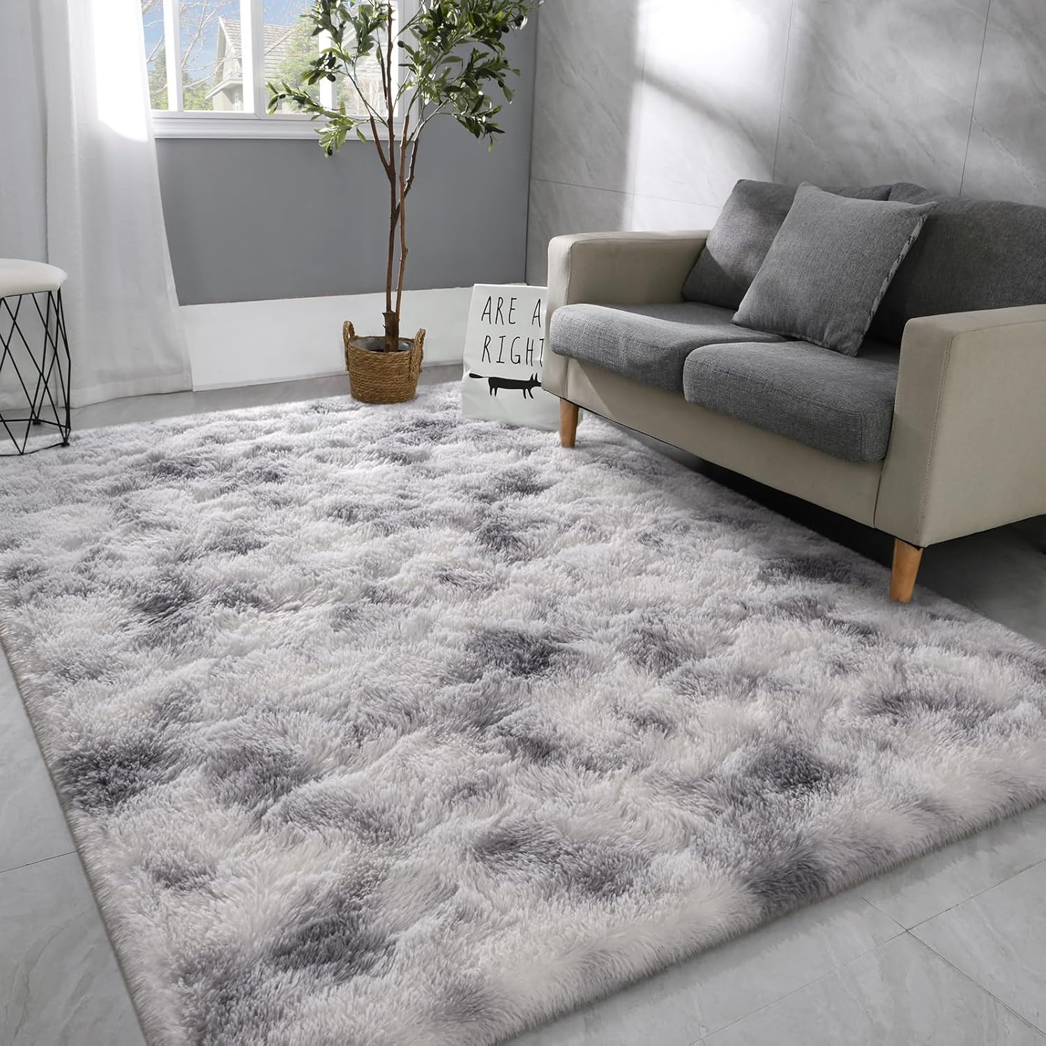 4X6 Large Washable Area Rugs for Living Room Tie-Dyed Light Grey | Non-Slip Indo