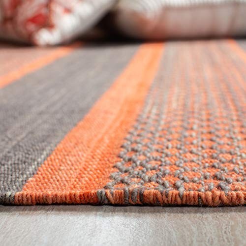 Handmade Flat Weave Wool Accent Rug 4′ x 6′ – Dark Grey & Orange, Ideal for High