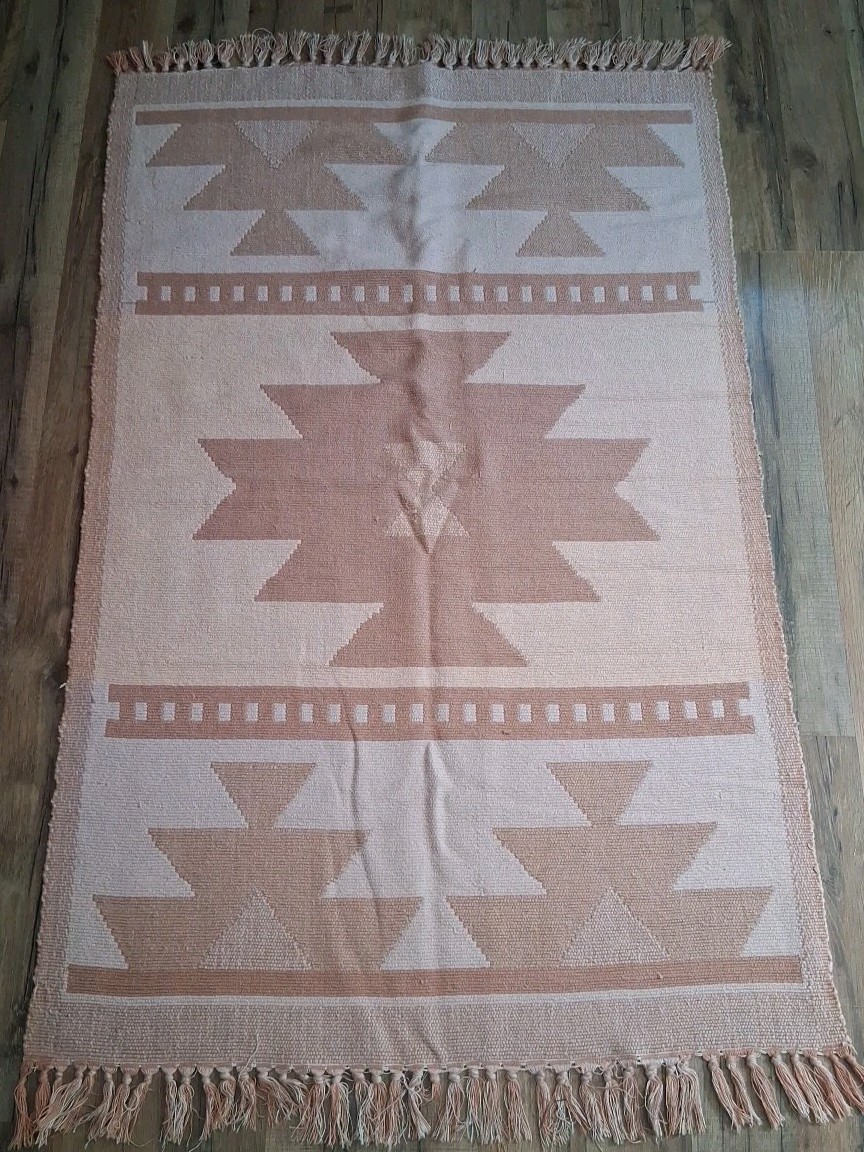 Handwoven Jute Kilim Rug 46 X 29.5 Cream, Tan, Pink Geometric Design