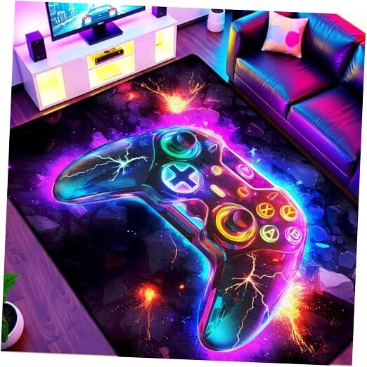 5×7 ft Neon Gaming Area Rug for Boys – Colorful Game Controller Carpet