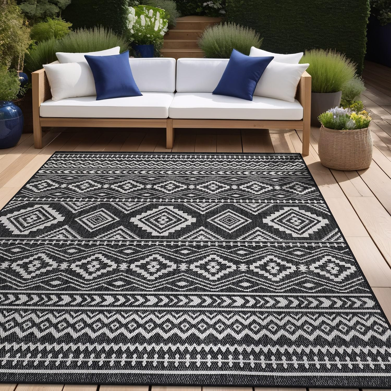 Waikiki Boho Indoor Outdoor Rug 5X7, Washable outside Carpet for Patio, Deck, Po