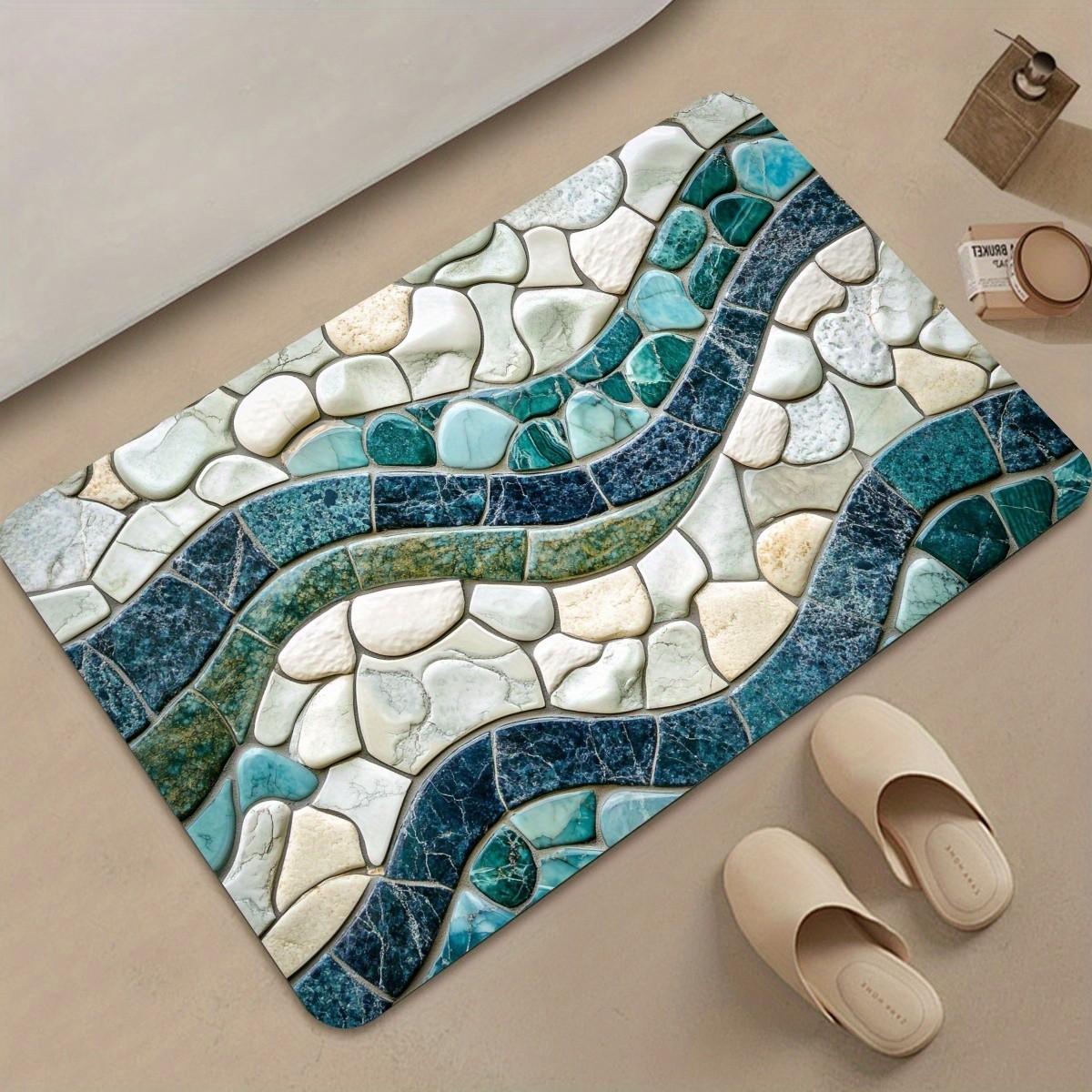 Non-Slip Bath Mat Soft Thickened Bath Ocean Wave Stone Pattern Floor Carpet ♮