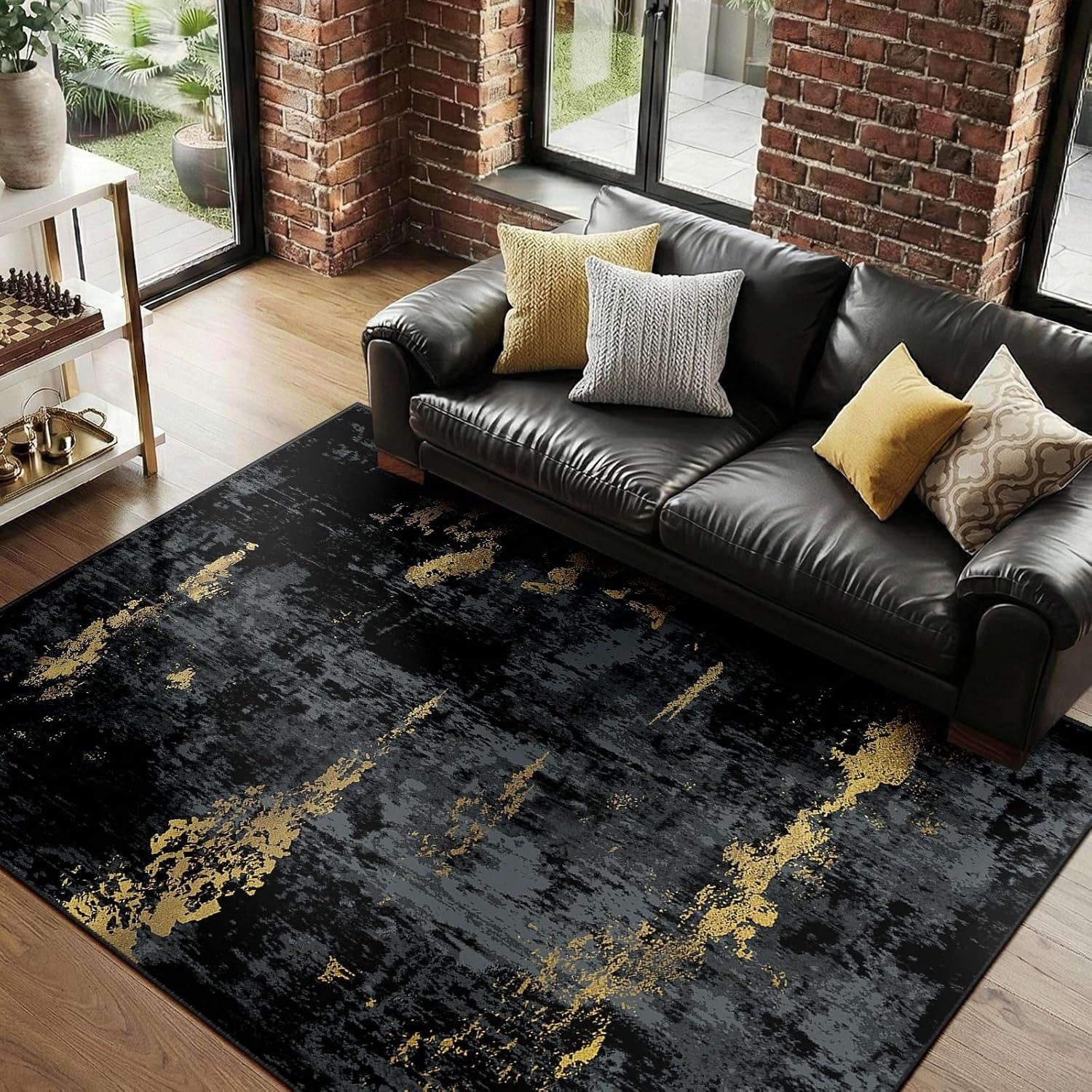 8’x10′ Washable Area Rugs Non-Slip Modern Abstract Soft Dark Black Gold
