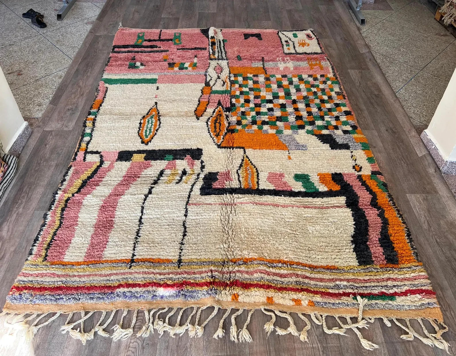 Handmade Moroccan Boujaad Wool Rug Geometric Design Pink Orange White Carpet Rug