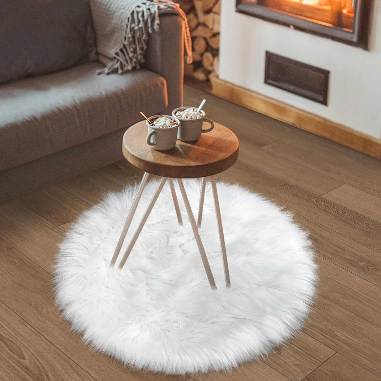 White Faux Fur Rug 2×2 Feet Small Round Fluffy Rug, Faux Sheepskin Circle Sha…