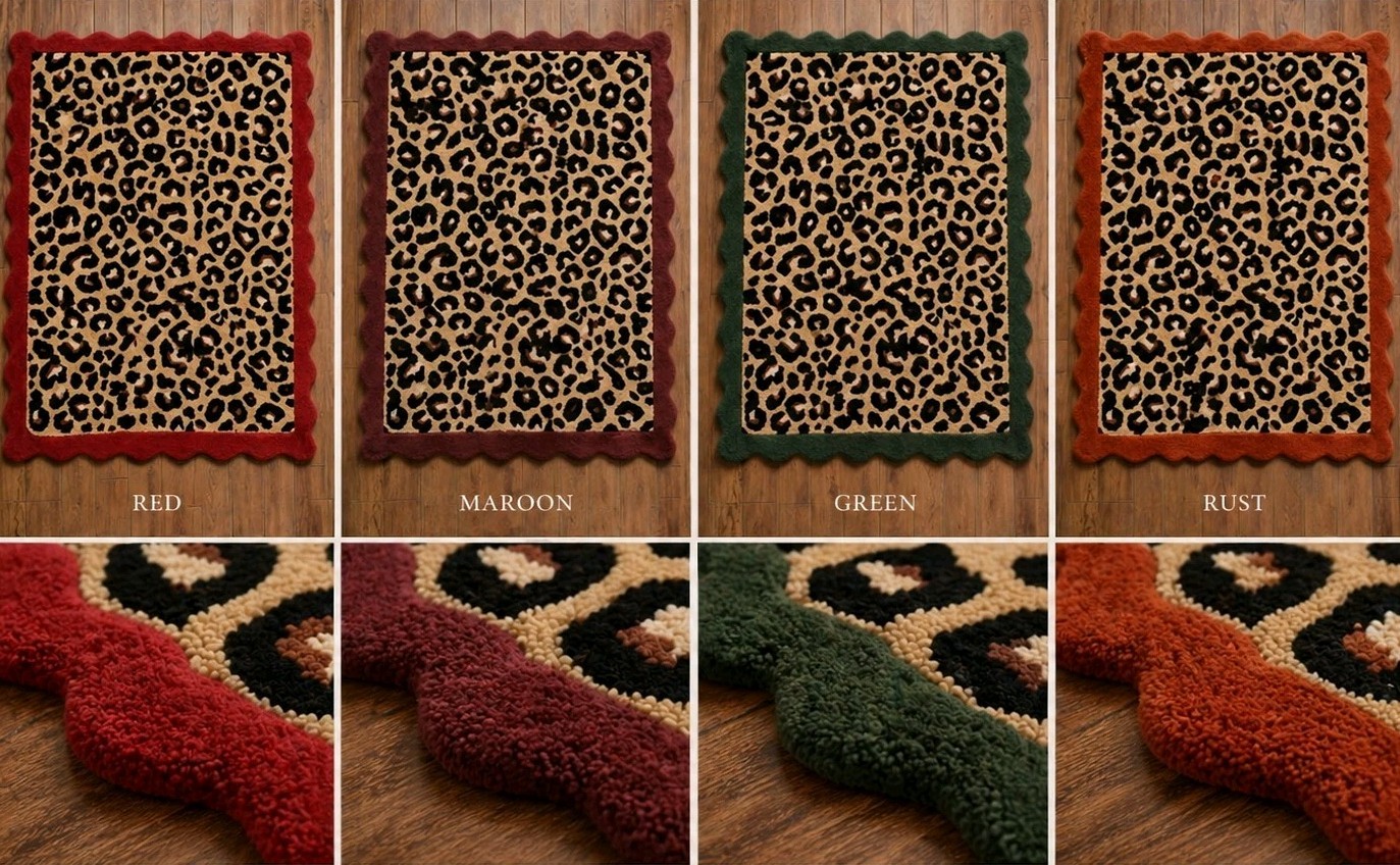 Wavy Border Leopard Print Wool Area Rug Scalloped Animal Pattern Hand Tufted Rug
