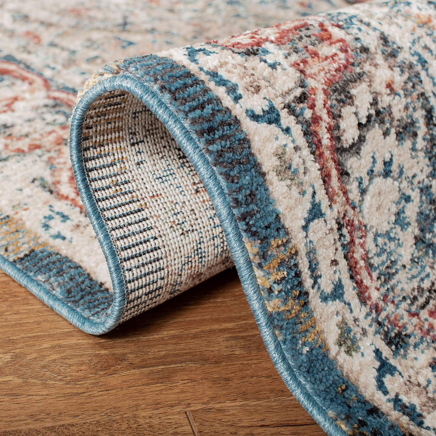Vintage Turquoise/Ivory Area Rug 6’7″ x 9′ for Living Room & Bedroom