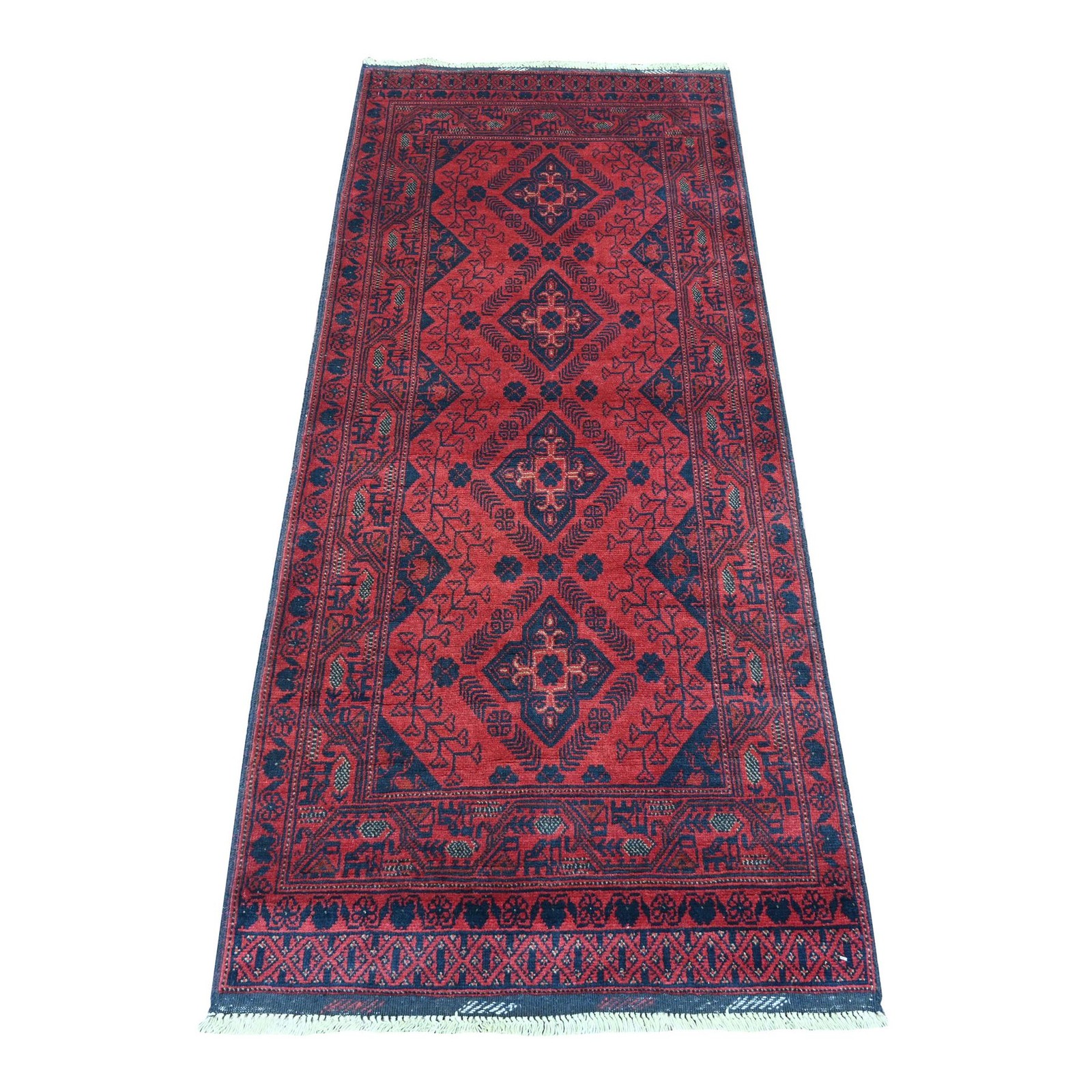 2’8″x6’3″ Red Geometric Afghan Andkhoy Pure Wool Hand Knotted Runner Rug R20704
