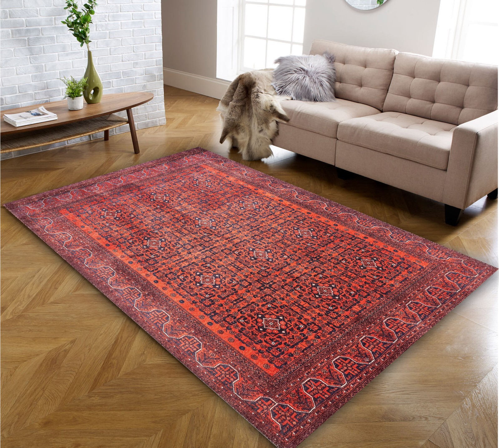Red Area Rug Traditional Geometric Pattern Luxury Bedroom Rug Dining Room Carpet