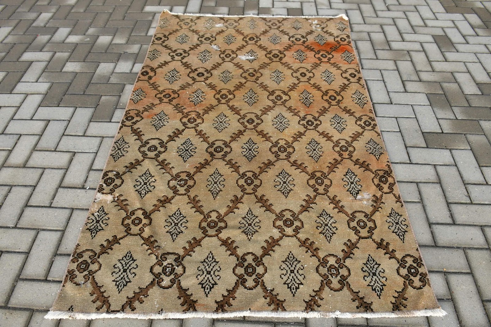 Vintage Turkish Rug, 4,2×6,4 ft Rug, Brown Orange Floral Wool Rug