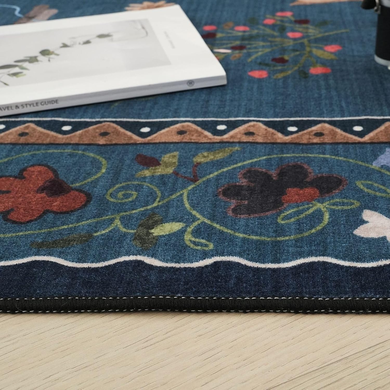 Boho Area Rug 5 x 7 Floral Animal Cat Vintage Washable Non Slip Pearl Gentian