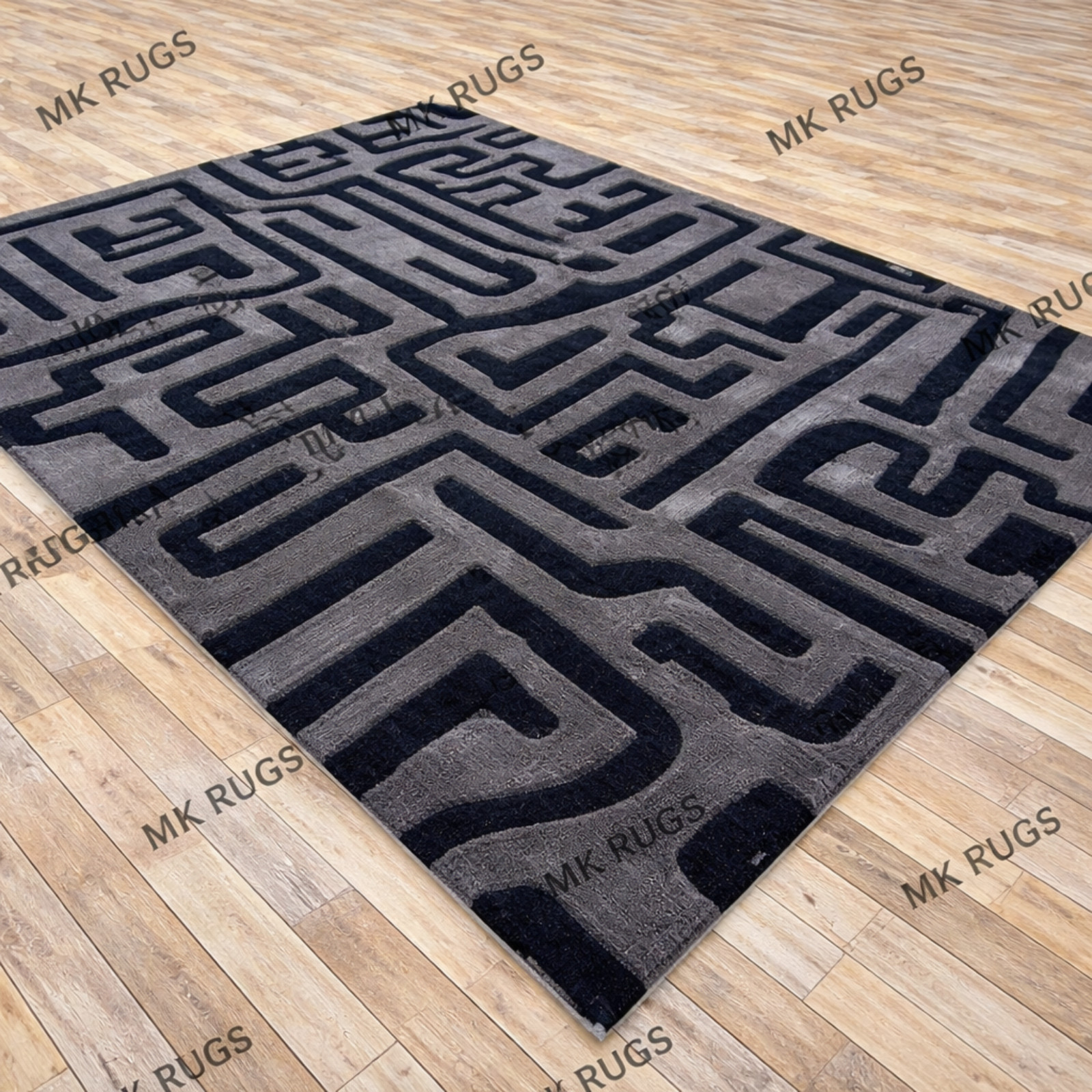 Modern Grey Black Geometric Hand Tufted Wool Area Rug Contemporary Thick Luxury
