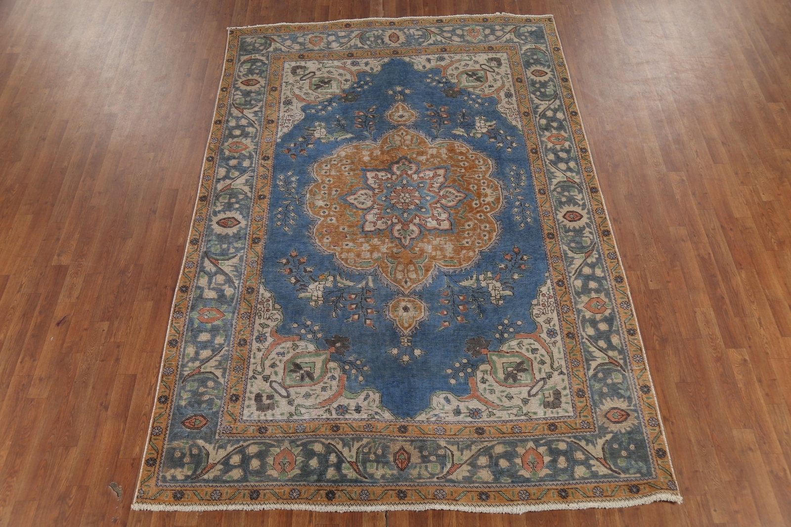 Blue Vintage Overdyed Tebriz Area Rug 6×9 Hand-knotted Wool Living Room Carpet