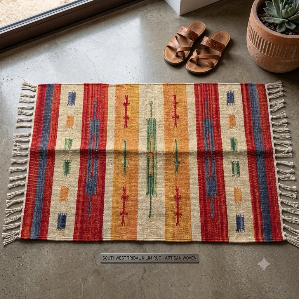 Hand Woven Dhurrie Doormat Rug 3x2ft Kilim Fringed Southwestern Hall Room Aztec