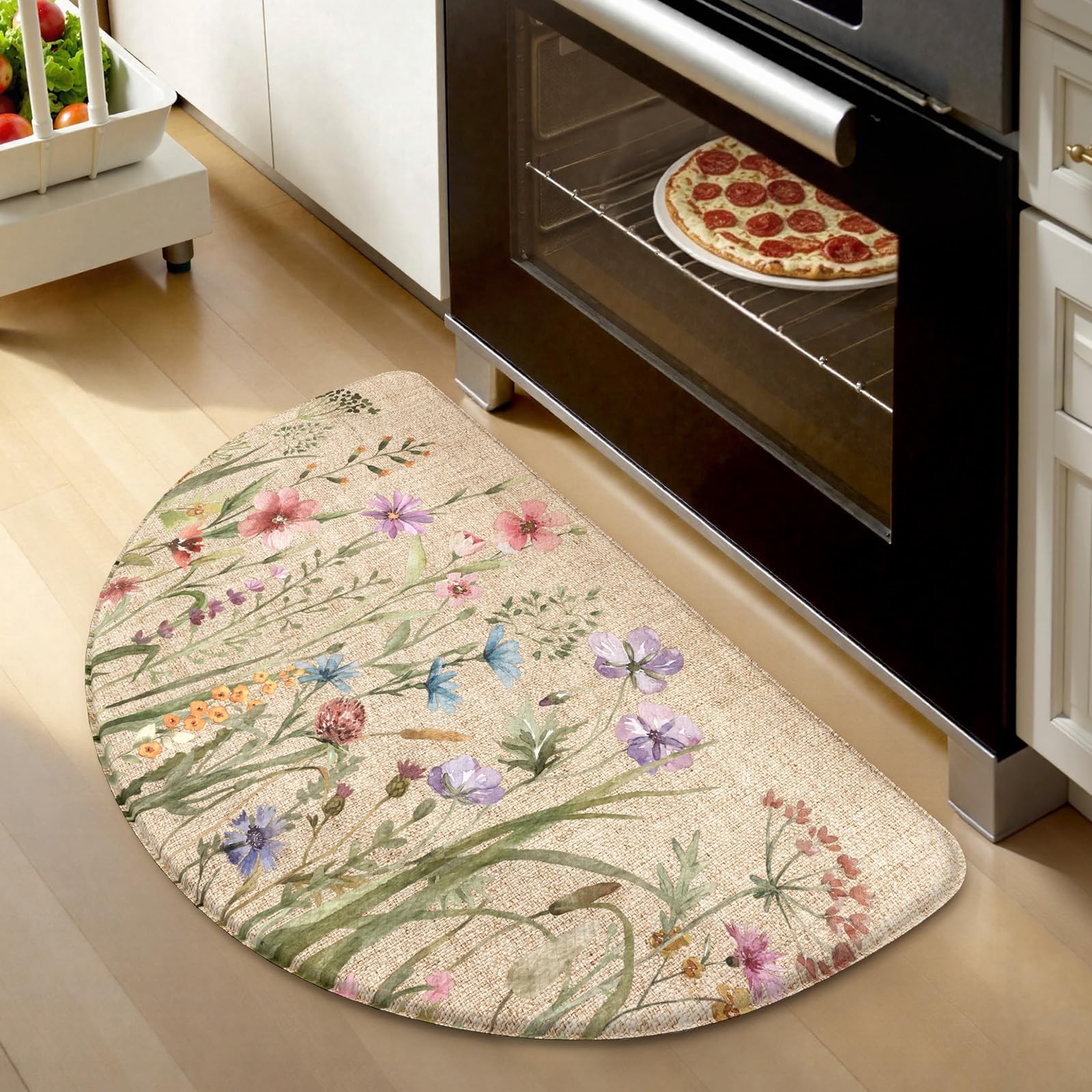 KIMODE Kitchen Mat Cushioned Anti-Fatigue, Half Moon Floral Kitchen Rug, 18″x28″