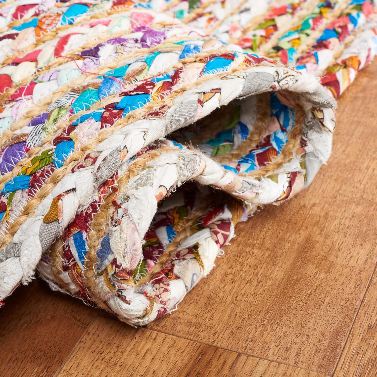 Handmade 7′ Round Area Rug – Cape Cod Collection, Beige & Multi Jute/Cotton