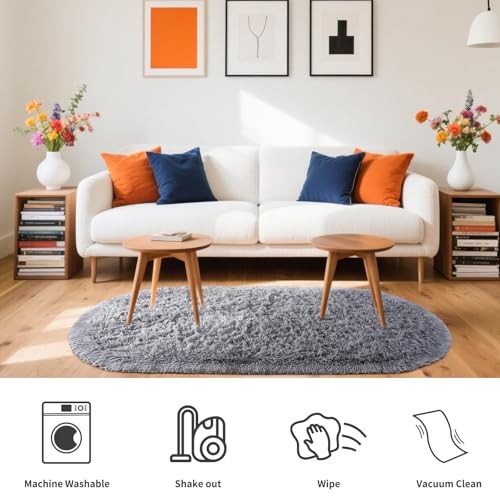 Fluffy Rugs for Bedroom Living Room,2.6’X5.3′ Oval 2’7″ x 5’3″ (Oval) Grey