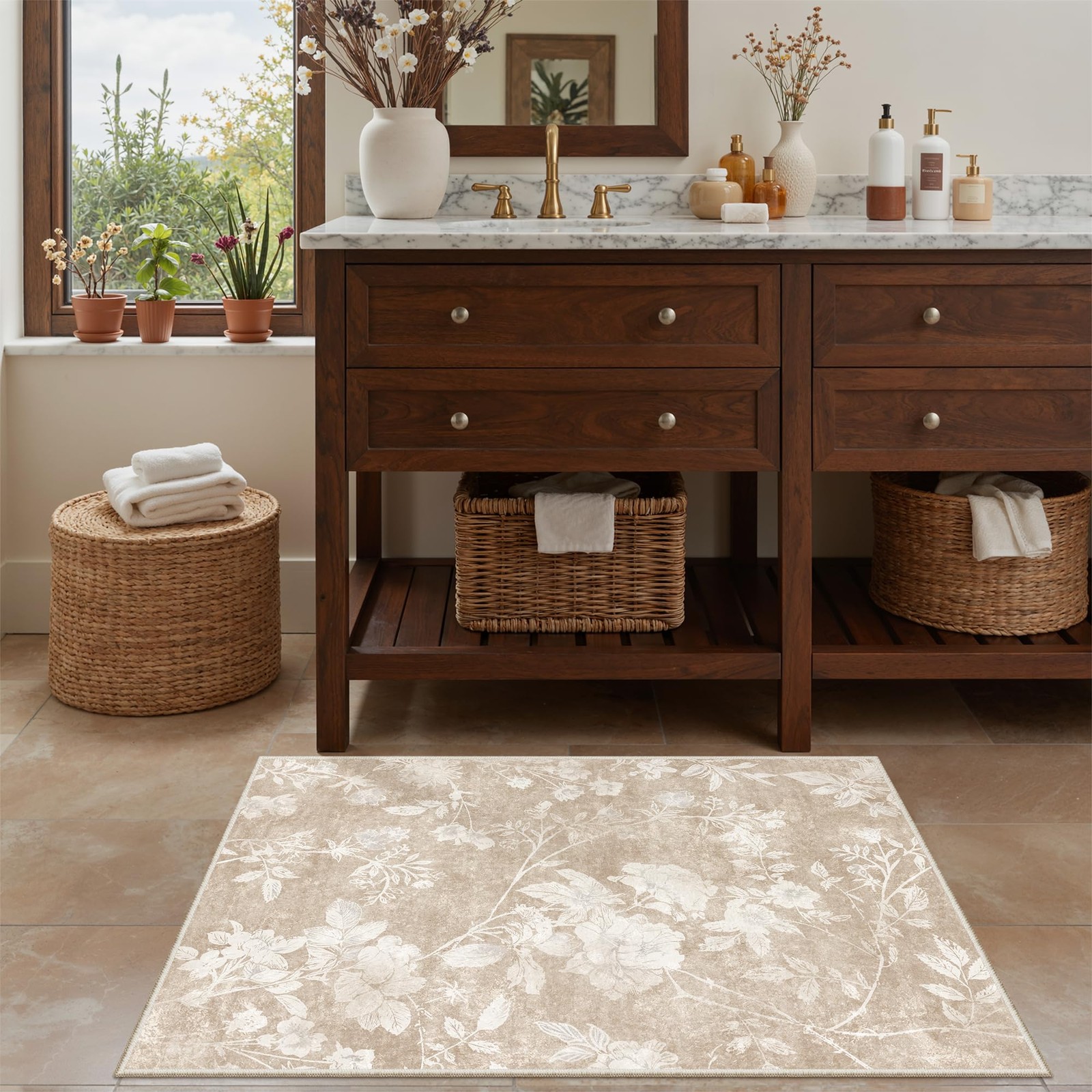 Floral Washable Rugs 2×3, Soft Neutral Doormat for Entryway Tan