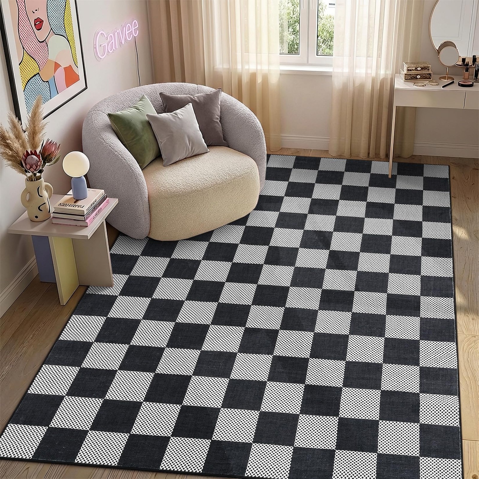 Checkered Dark 3×5 Washable Rug Geometric Diamond Dot Modern Soft Low-Pile Sm…