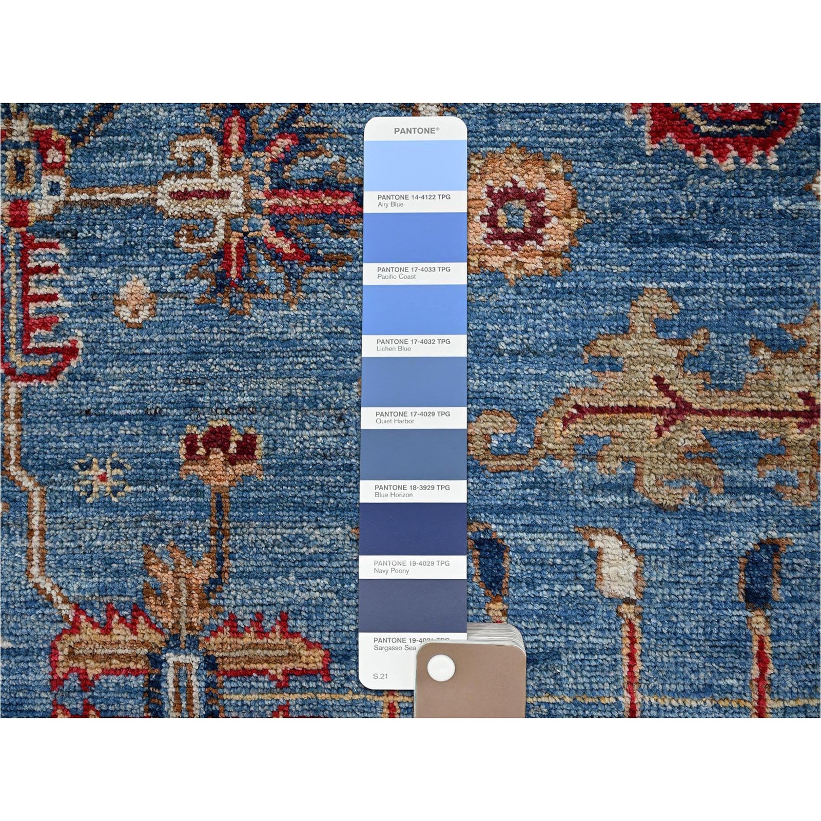 8’10″x12′ Blue Hand Knotted Afghan Peshawar with Heris All Over Design Wool Rug