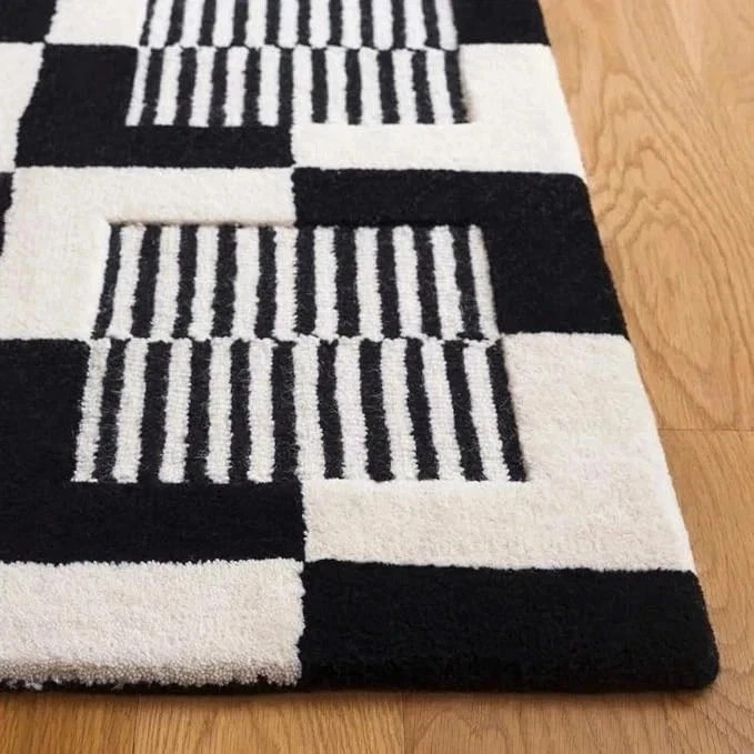 Handmade Black White Graphic Wool Area Rug | Modern Grid Pattern Hand Tufted Rug