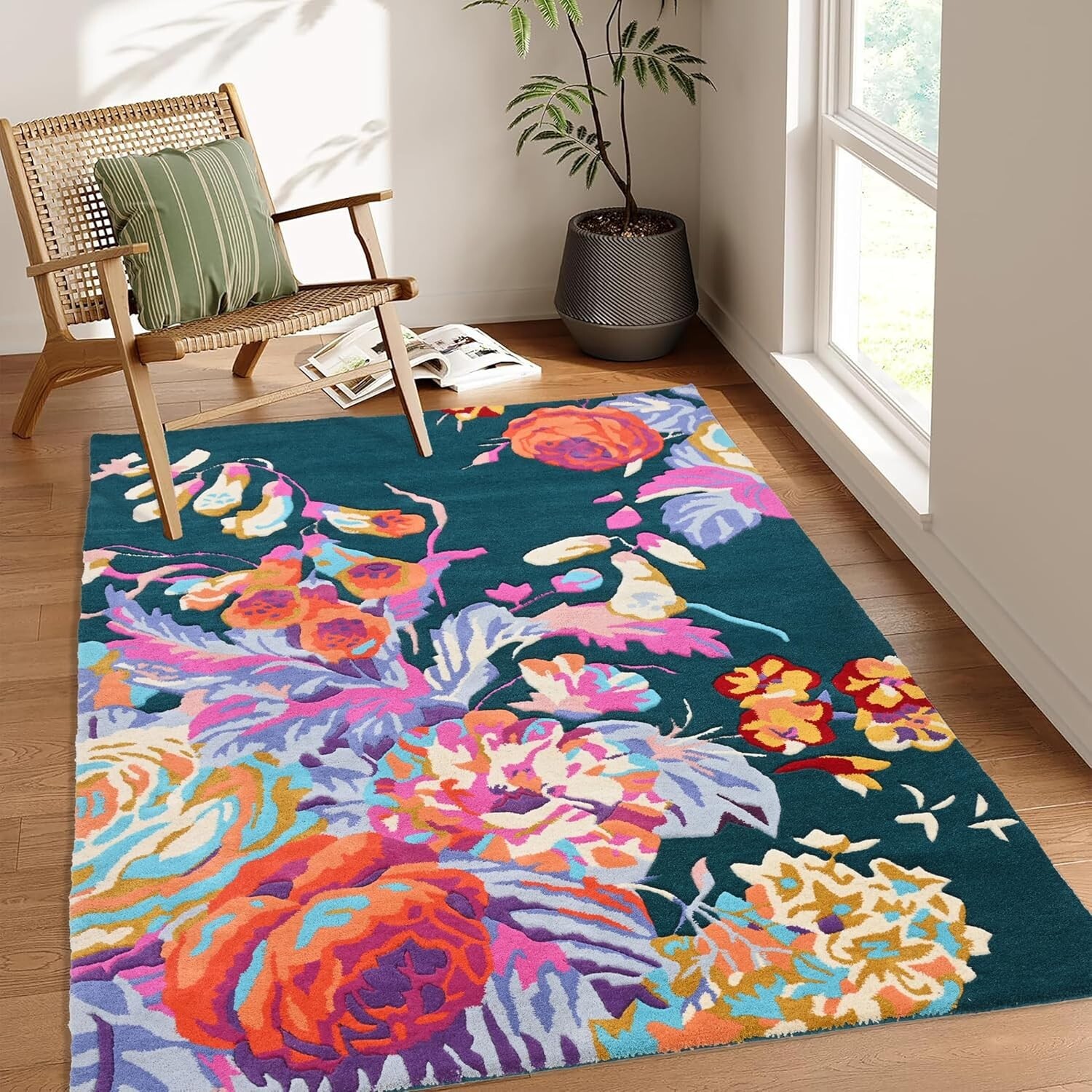 Rose Floral Wool Rug | Modern Rug | Tufted Wool Area Rug | Designer wool Rug