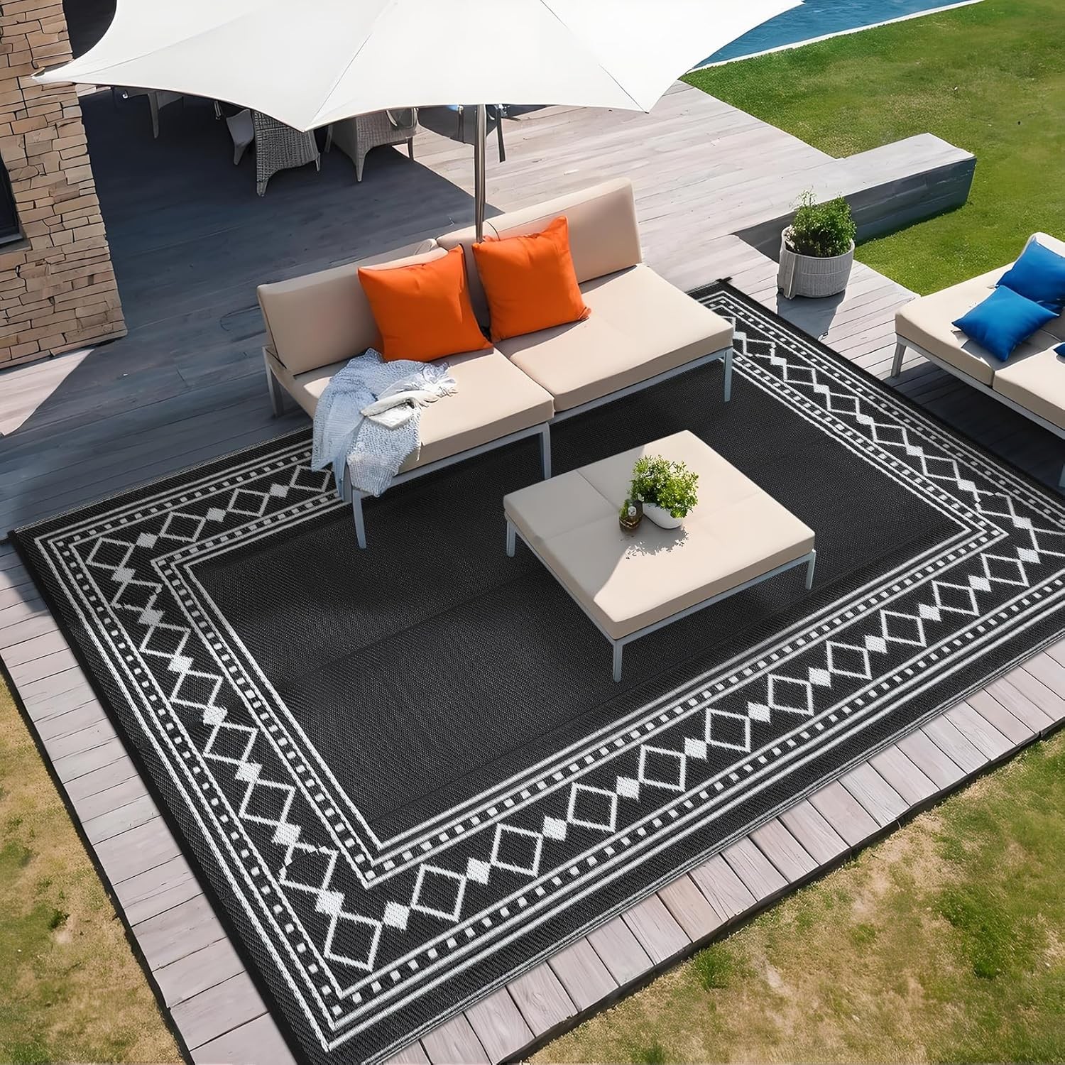 Outdoor Rug Plastic Straw Reversible Carpet Mat for Patio Camping Backyard Deck