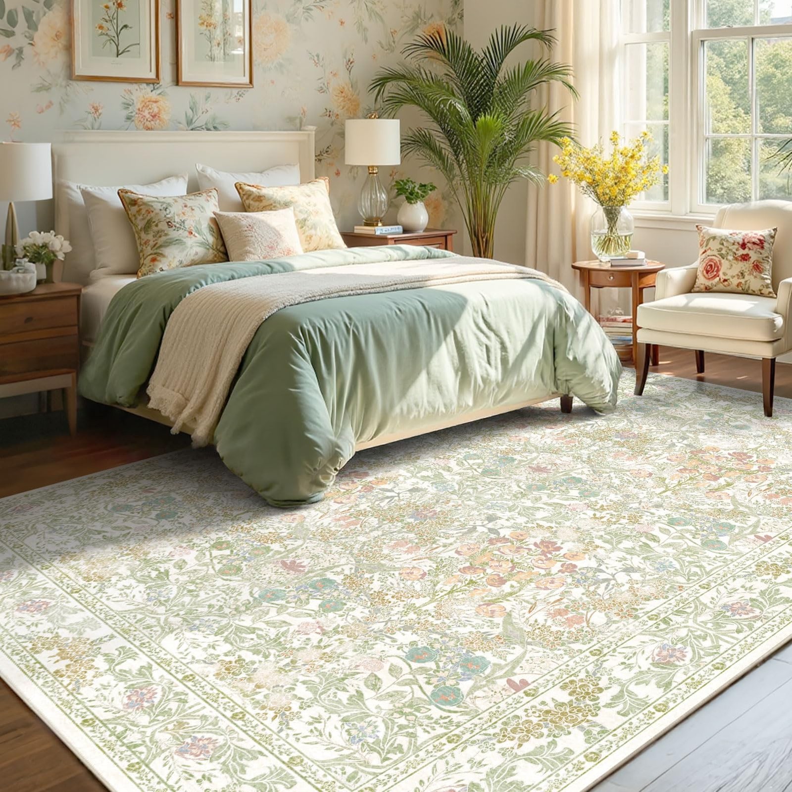 Sage Green Boho Area Rugs for Bedroom Aesthetic 8×10 – Washable Floral Farmho…
