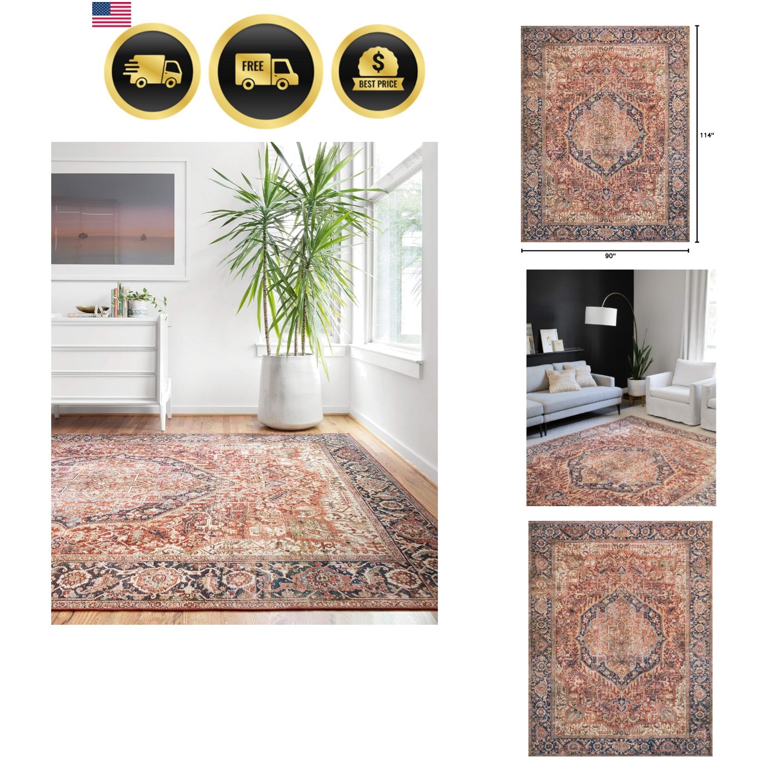 Layla Collection LAY-08 Red/Navy 7′-6″ x 9′-6″ .13″ Thick Area Rug, Soft, Dur…