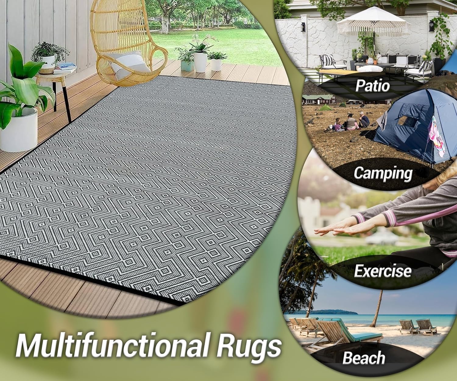 Weatherproof 7×5 ft Outdoor Patio Rug Recycled Plastic Foldable Reversible Bl…