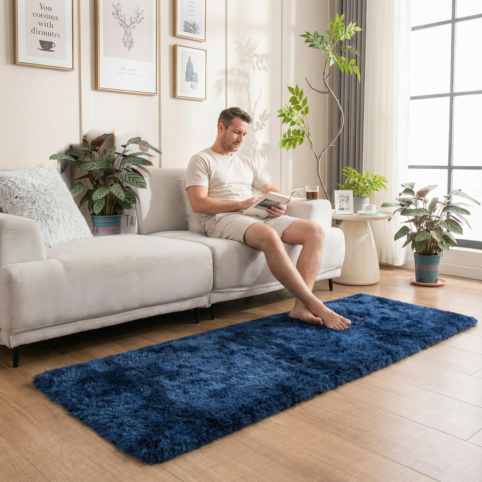 Navy Blue Fluffy Plush Runner Rugs 2×6 ft Tie Dye Rectangle Shag Rug for Bedr…