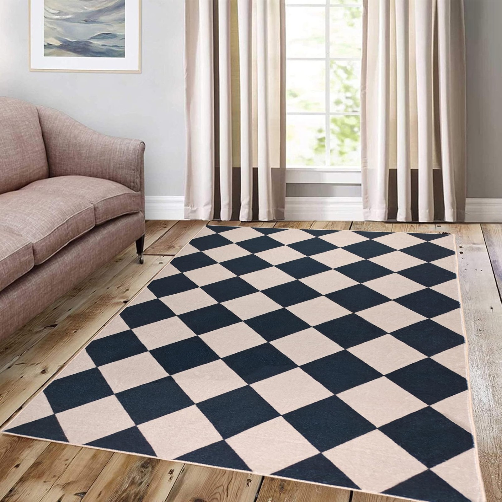 Aukib Black Checkered Rug 3×5 Indoor Washable Non-Slip Rug Modern Diamond Soft L