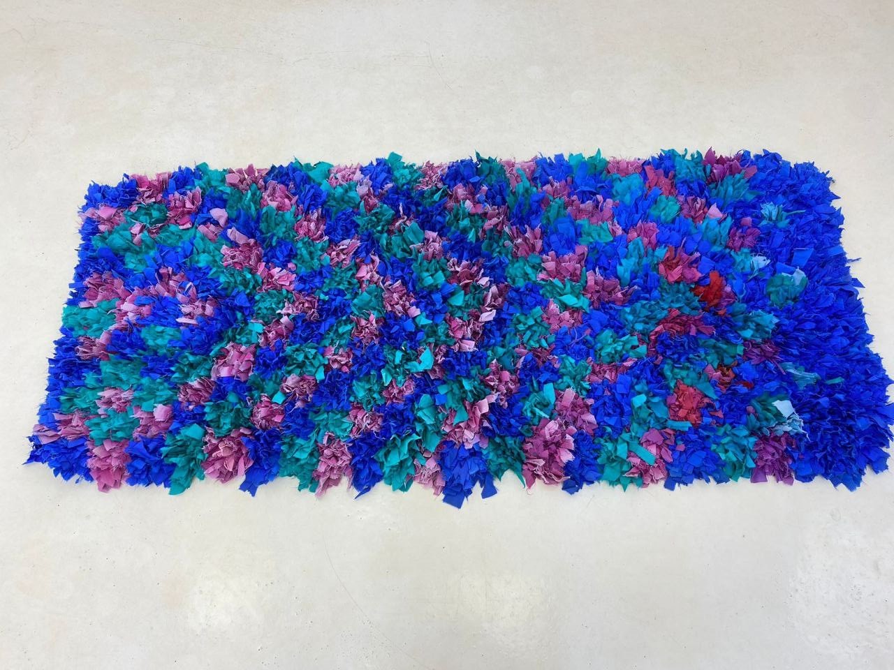 Moroccan Rug Handmade Boucherouite 2’6×6’1 ft Vintage Berber Blue Pink Home Rug