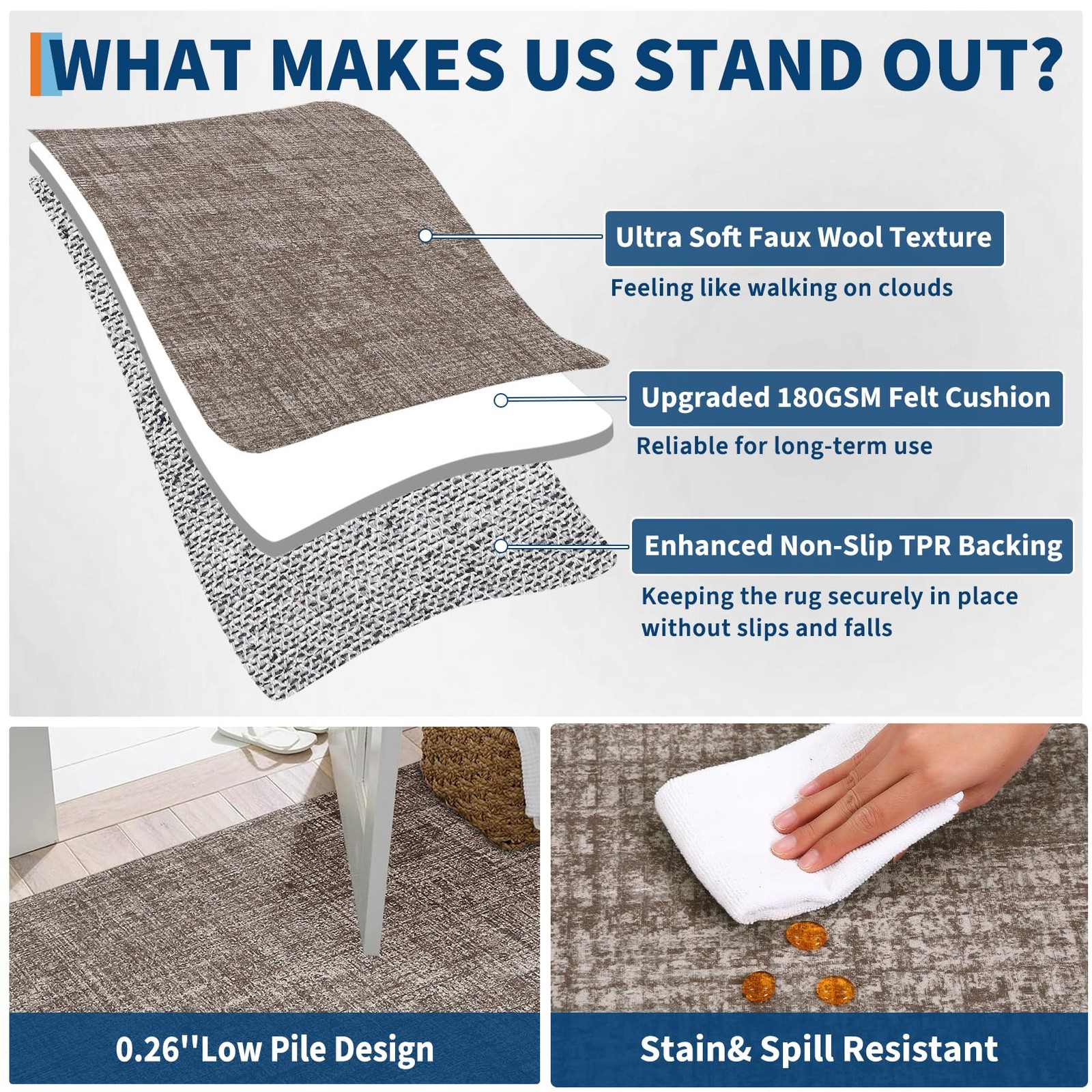 Washable Area Rug 8x10ft Non‑Slip Stain‑Resistant Solid Texture for Living Room